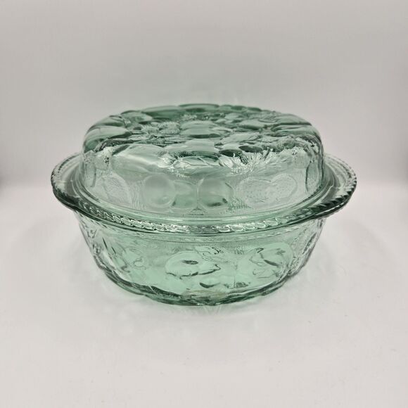 Vintage Libbey-Rock Sharpe Orchard Fruit Green Glass Round Casserole Dish & Lid - Picture 1 of 5
